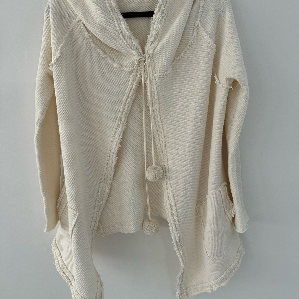 Calypso St. Barths cream Hooded Knit Cardigan with Pom Pom detail